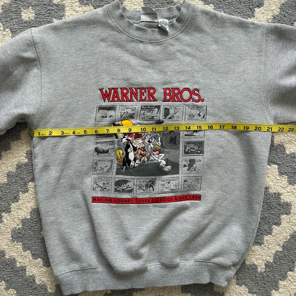 VINTAGE Warner Bros. Gray Cartoon Graphic Crew Neck Sweater, SMALL - Picture 10 of 11